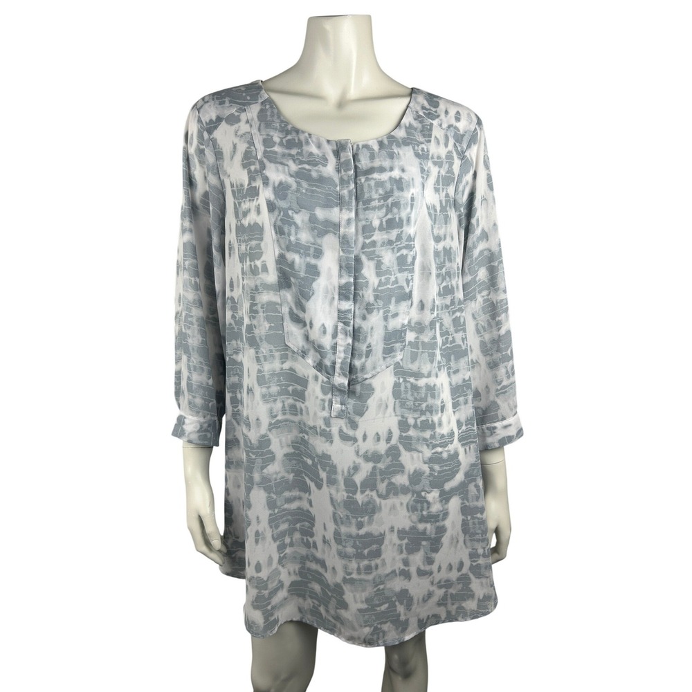 Rose & Olive Blouse 2X Sheer Watercolor Abstract Tunic Gray White 3/4 Sleeve